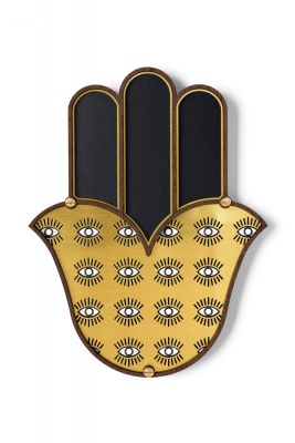 Hamsa Wanddeko von Umasqu mit goldenen Augen auf Holz, schützender Talisman für die Wand.